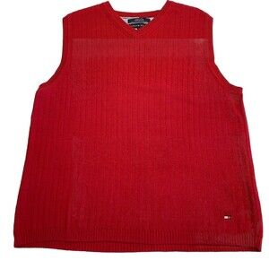 Tommy Hilfiger Men’s Large Ribbed Knit Sweater Red Vest Preppy Classic Holidays